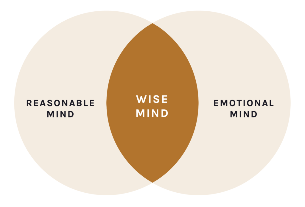venn diagram graphic of emotion mind and reasonable mind intersecting to form the wise mind
